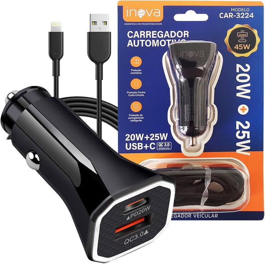 Carregador veicular rápido USB-C PD